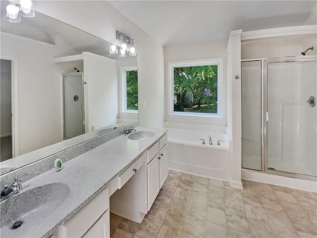 bathroom with lofted ceiling, plus walk in shower, and vanity