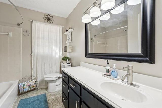 full bath featuring shower / bathtub combination, toilet, and vanity