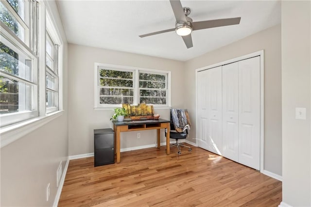 office area featuring visible vents, baseboards, light wood-style flooring, and a ceiling fan