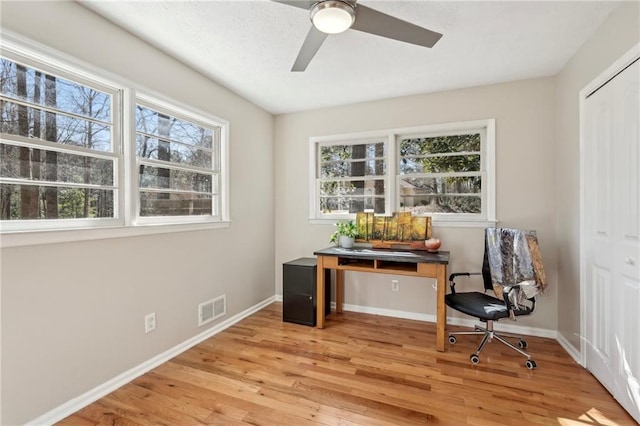 office featuring baseboards, visible vents, light wood finished floors, and ceiling fan