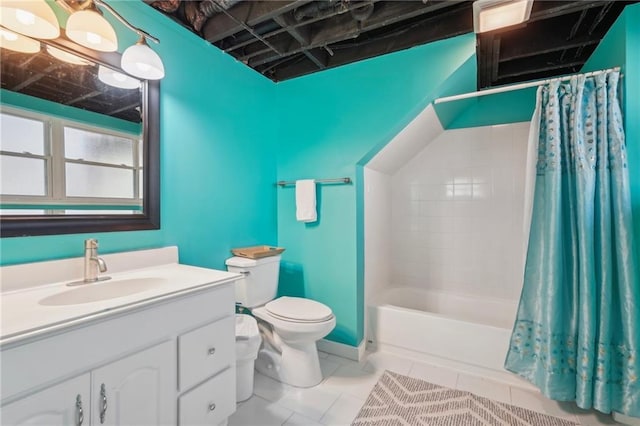 full bathroom featuring tile patterned floors, shower / bathtub combination with curtain, toilet, and vanity