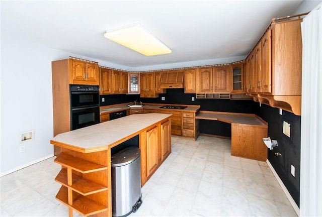 5479 Dorsett Shoals Rd, Douglasville, GA 30135 - kitchen featuring black appliances, brown cabinets, open shelves, glass insert cabinets, and custom exhaust hood