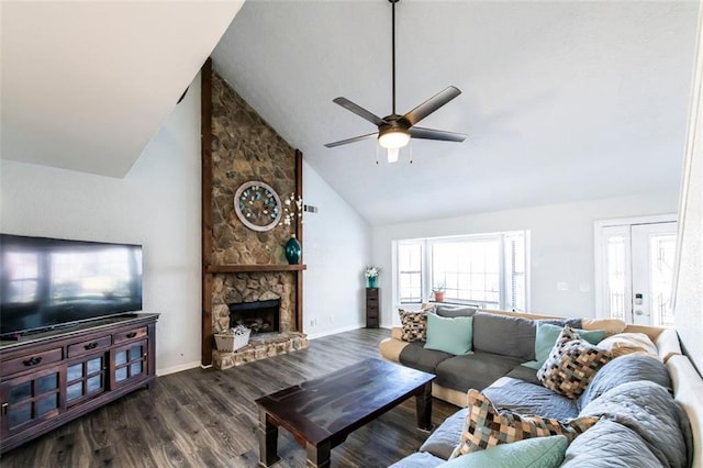 5479 Dorsett Shoals Rd, Douglasville, GA 30135 - living room featuring ceiling fan, high vaulted ceiling, dark wood-style flooring, baseboards, and a fireplace