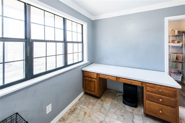 5479 Dorsett Shoals Rd, Douglasville, GA 30135 - unfurnished office featuring light marble finish flooring, ornamental molding, baseboards, and built in desk