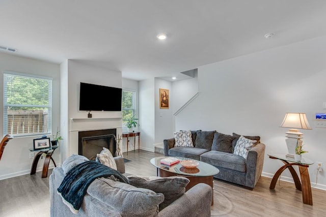 living room with a healthy amount of sunlight and hardwood / wood-style floors