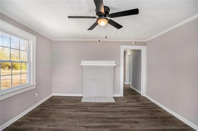 interior space with a fireplace, ornamental molding, and dark wood finished floors