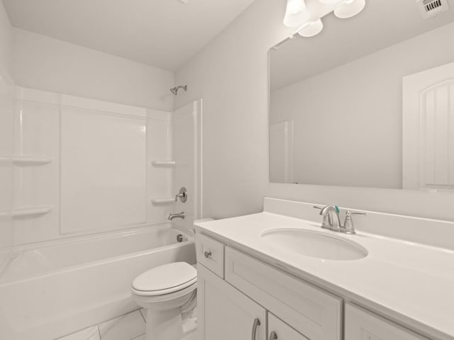 full bath featuring bathing tub / shower combination, visible vents, toilet, and vanity