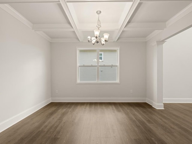 unfurnished dining area with a chandelier, baseboards, beam ceiling, dark wood finished floors, and coffered ceiling