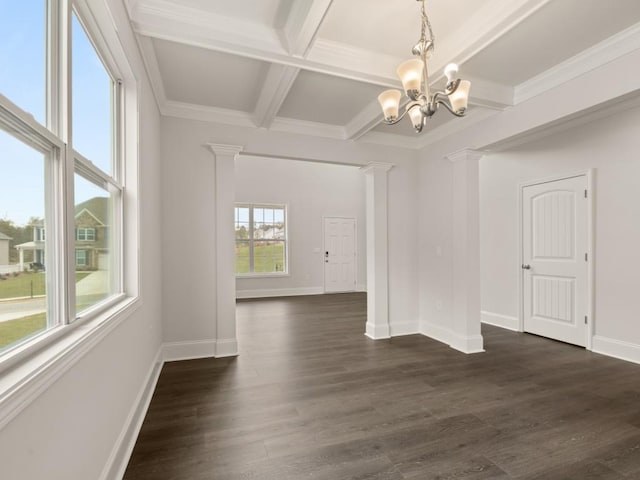 unfurnished dining area featuring decorative columns, baseboards, a chandelier, beam ceiling, and dark wood-style floors