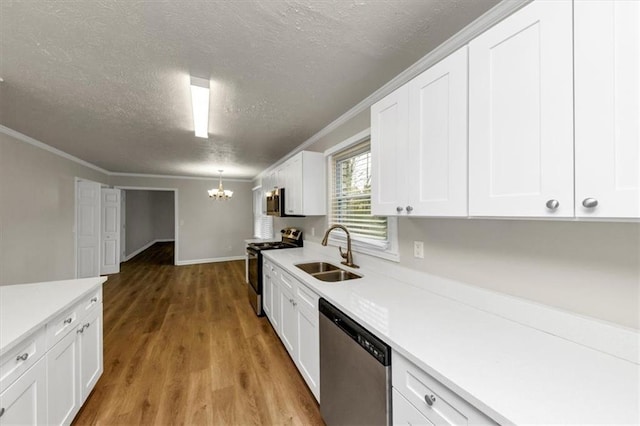 kitchen featuring light wood-style flooring, stainless steel appliances, a sink, white cabinetry, and light countertops