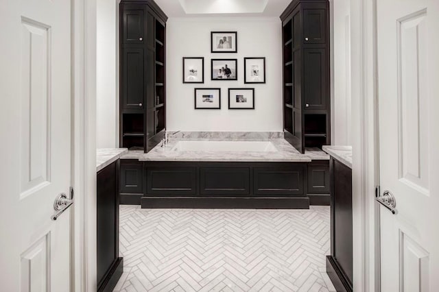 interior space with a tray ceiling and a bathtub