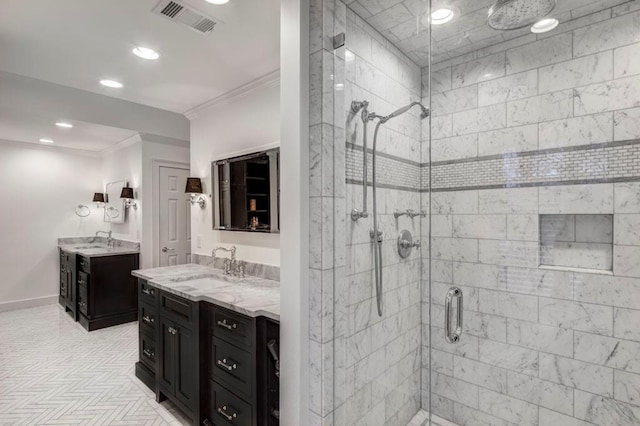 bathroom featuring crown molding, vanity, and an enclosed shower