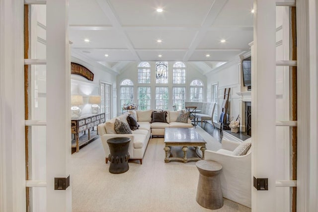 carpeted living room featuring beamed ceiling and coffered ceiling