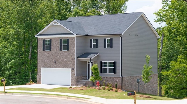 view of front facade with brick siding, concrete driveway, and an attached garage