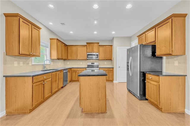 kitchen with a sink, light wood finished floors, stainless steel appliances, decorative backsplash, and a kitchen island