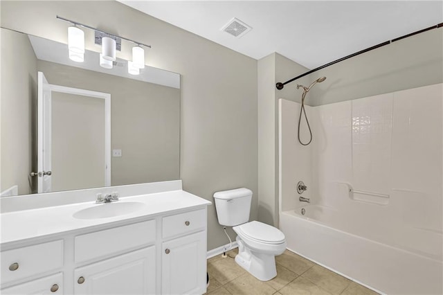 full bath featuring visible vents, tile patterned flooring, vanity, toilet, and tub / shower combination