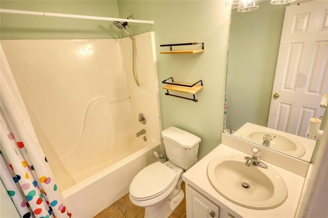 bathroom featuring tile patterned flooring, vanity, toilet, and shower / bathtub combination with curtain