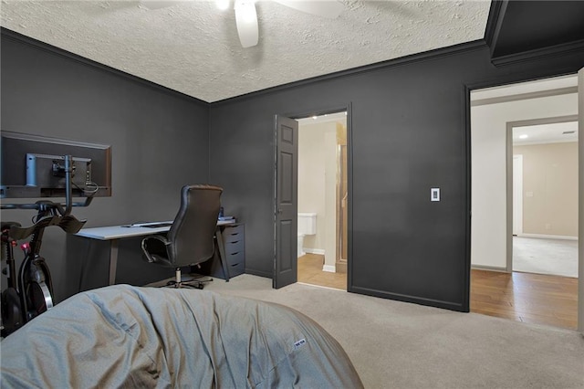 carpeted home office with a textured ceiling and ornamental molding