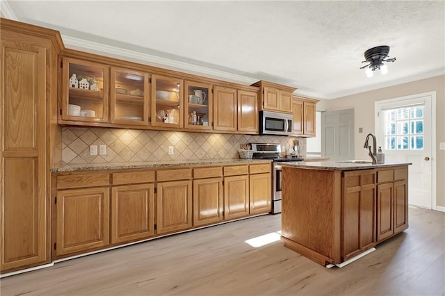 kitchen with sink, a kitchen island with sink, light wood-type flooring, light stone countertops, and stainless steel appliances