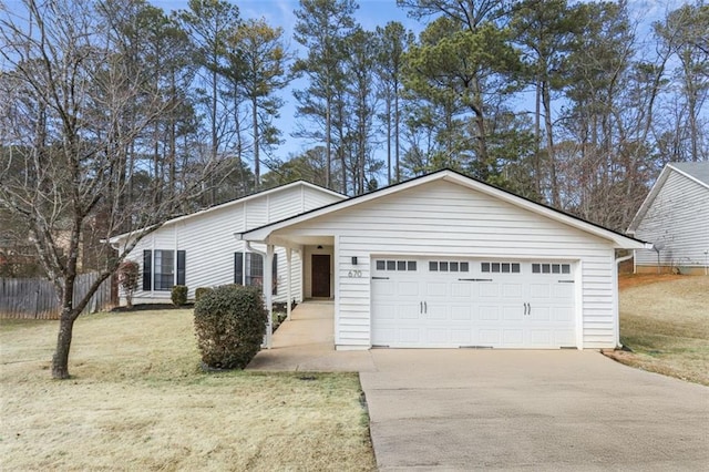 single story home featuring a front yard and a garage