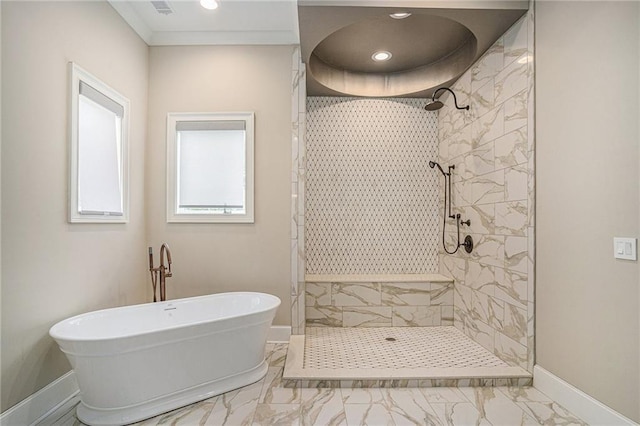 bathroom with separate shower and tub and crown molding
