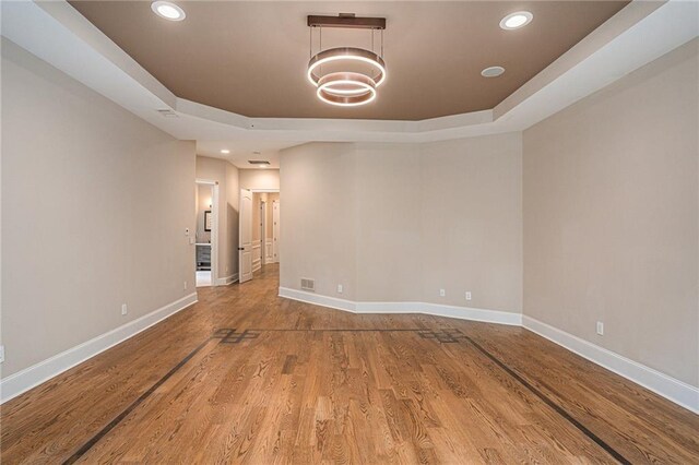 spare room featuring a raised ceiling and hardwood / wood-style flooring