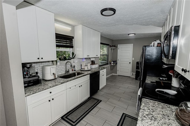 kitchen with white cabinets, sink, and black appliances