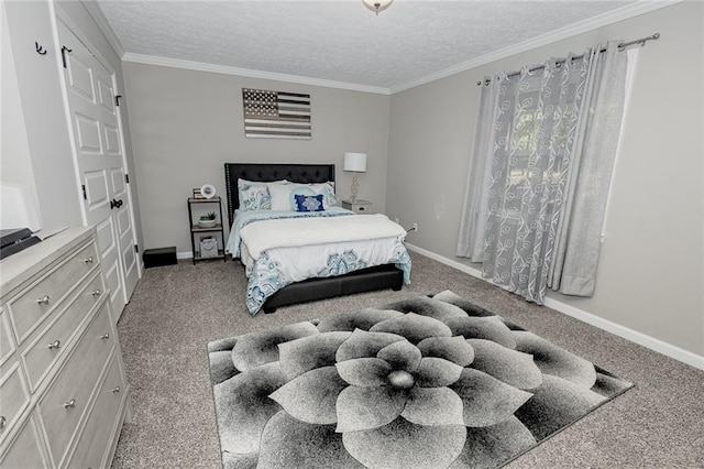 bedroom featuring a textured ceiling, ornamental molding, and carpet