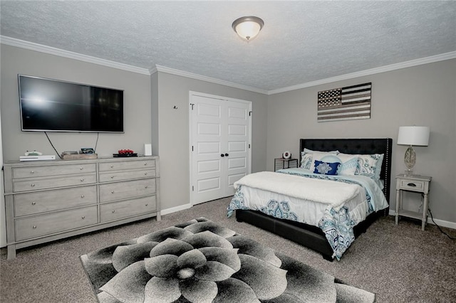 bedroom featuring dark colored carpet, crown molding, and a textured ceiling