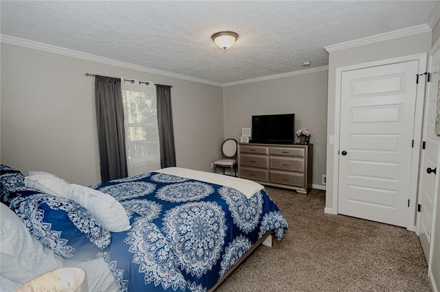 bedroom with ornamental molding, carpet flooring, and a textured ceiling