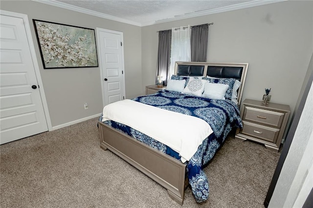 bedroom featuring a textured ceiling, crown molding, and carpet