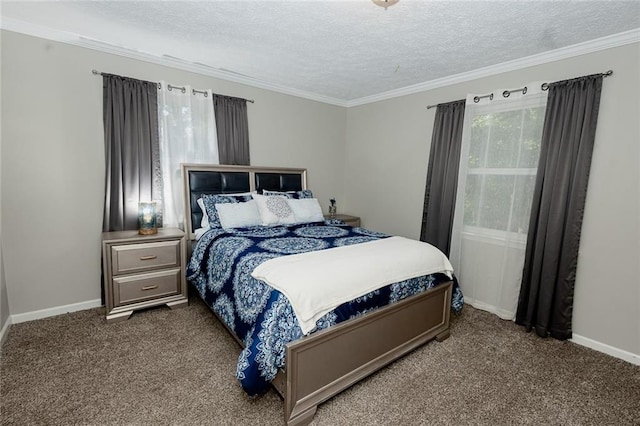 bedroom with ornamental molding, a textured ceiling, and dark colored carpet