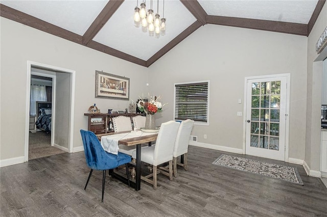 dining room featuring a notable chandelier, beam ceiling, dark hardwood / wood-style flooring, and high vaulted ceiling