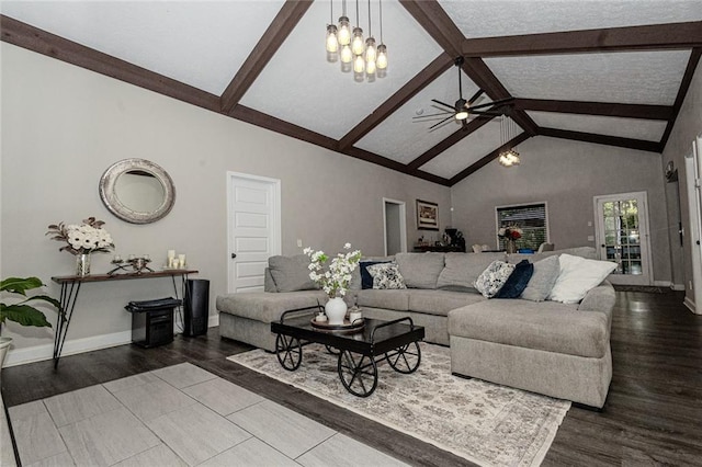 living room featuring ceiling fan, beam ceiling, hardwood / wood-style floors, and high vaulted ceiling