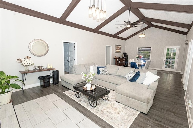 living room featuring wood-type flooring, high vaulted ceiling, beam ceiling, and ceiling fan