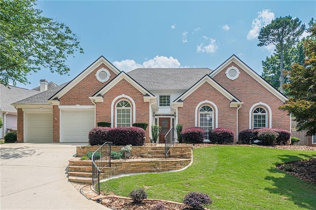 10280 Medridge Cir, Johns Creek, GA 30022 - view of front of home featuring brick siding, a front yard, driveway, and an attached garage