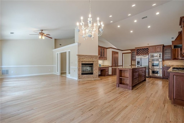 10280 Medridge Cir, Johns Creek, GA 30022 - kitchen with open shelves, stainless steel appliances, open floor plan, a center island, and a ceiling fan