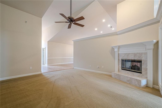 10280 Medridge Cir, Johns Creek, GA 30022 - unfurnished living room featuring a ceiling fan, light colored carpet, a tile fireplace, baseboards, and recessed lighting