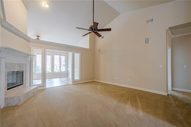 10280 Medridge Cir, Johns Creek, GA 30022 - unfurnished living room featuring light carpet, a ceiling fan, baseboards, high vaulted ceiling, and a fireplace