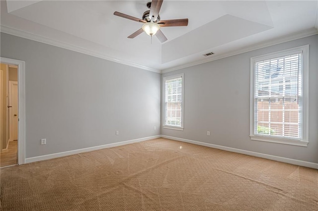 10280 Medridge Cir, Johns Creek, GA 30022 - unfurnished room featuring ornamental molding, light colored carpet, a tray ceiling, ceiling fan, and baseboards