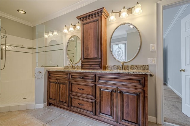 10280 Medridge Cir, Johns Creek, GA 30022 - bathroom featuring double vanity, tiled shower, ornamental molding, and tile patterned floors