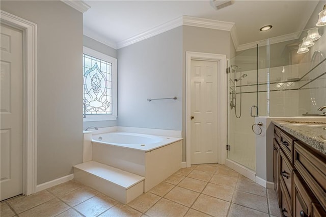 10280 Medridge Cir, Johns Creek, GA 30022 - bathroom featuring vanity, a bath, a shower stall, crown molding, and baseboards