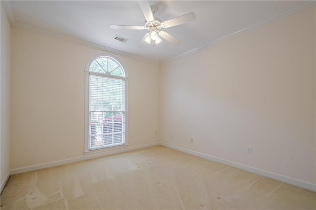 10280 Medridge Cir, Johns Creek, GA 30022 - spare room featuring baseboards, light colored carpet, ornamental molding, and ceiling fan