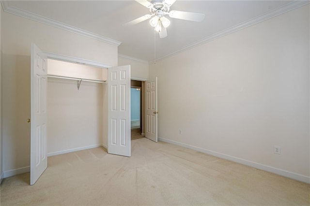 10280 Medridge Cir, Johns Creek, GA 30022 - unfurnished bedroom featuring ornamental molding, carpet flooring, a closet, baseboards, and ceiling fan