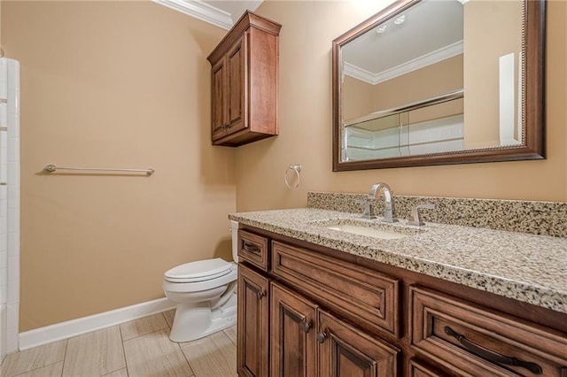 10280 Medridge Cir, Johns Creek, GA 30022 - full bathroom with crown molding, toilet, vanity, baseboards, and a shower