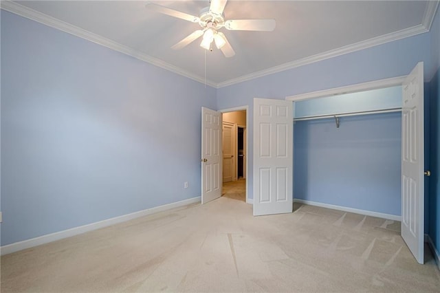 10280 Medridge Cir, Johns Creek, GA 30022 - unfurnished bedroom featuring crown molding, baseboards, light colored carpet, a closet, and a ceiling fan