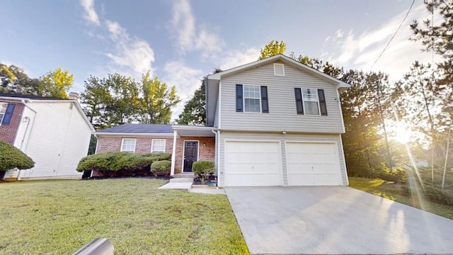 view of front facade with a garage, driveway, a front lawn, and brick siding