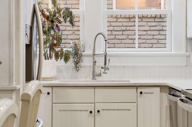 interior details featuring white cabinetry and sink