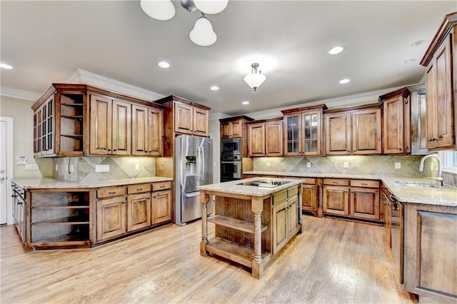 1755 Riverpark Dr, Dacula, GA 30019 - kitchen featuring open shelves, stainless steel appliances, ornamental molding, decorative backsplash, and light wood-style flooring