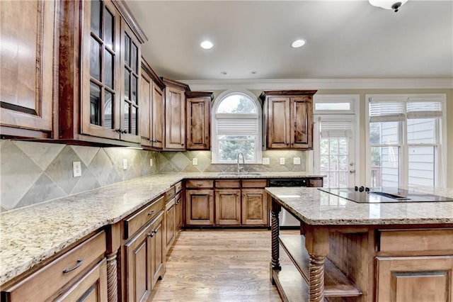 1755 Riverpark Dr, Dacula, GA 30019 - kitchen featuring dishwasher, crown molding, light wood-type flooring, light stone countertops, and black electric cooktop